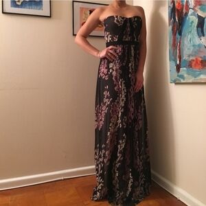 BCBGMAXAZRIA Amber Strapless Floral Print Sheer Contrast Gown | Size 2